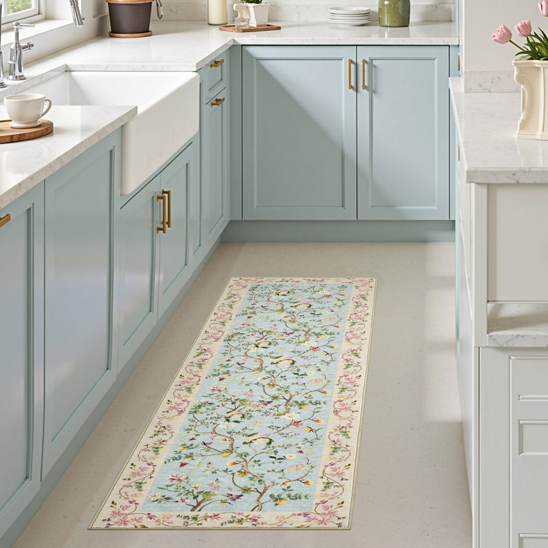 Chinoiserie Vintage Floral Rug Washable Non-slip, Runner 2' x 5', Blue/Pink
