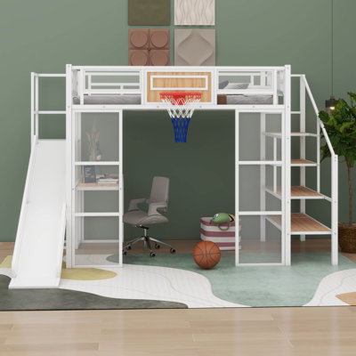 Lit mezzanine double en métal avec bureau intégré, garde-robe ouverte, panier de basketball, glissade et escalier