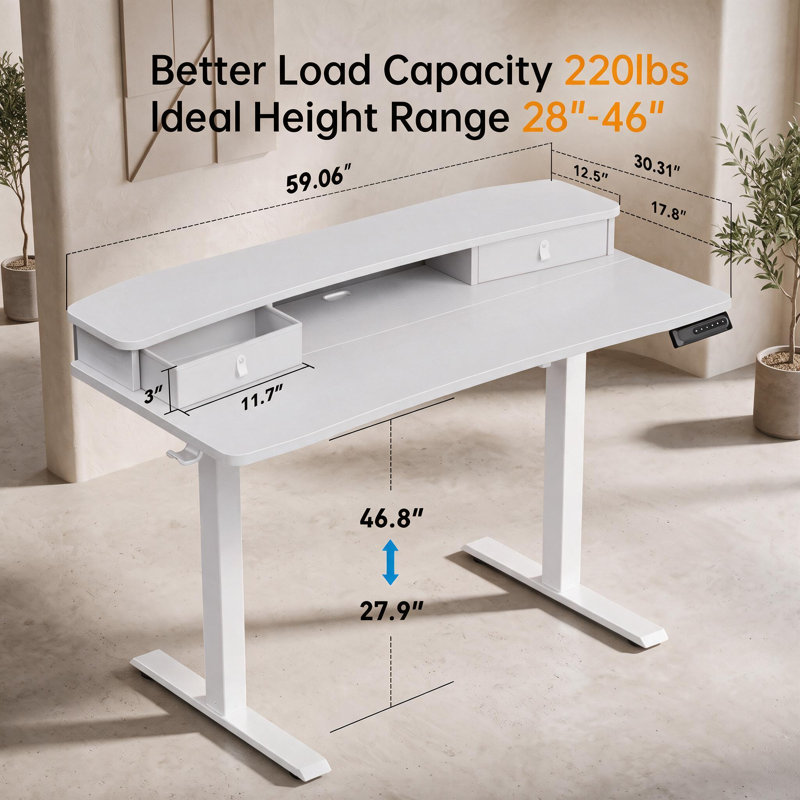 Jeneffer Electric Height Adjustable Standing Desk with Drawers – Corner Desk for Home Office, Ergonomic and Space-Saving，4 preset heights and 2 hooks