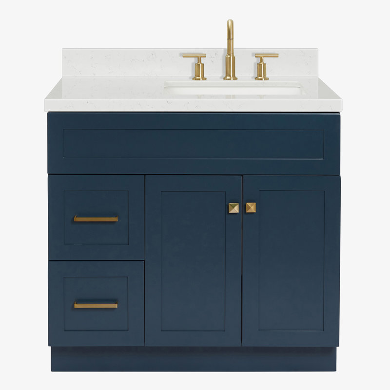 Hamlet 36.25'' Single Bathroom Vanity with Carrara Quartz Top, Midnight Blue
