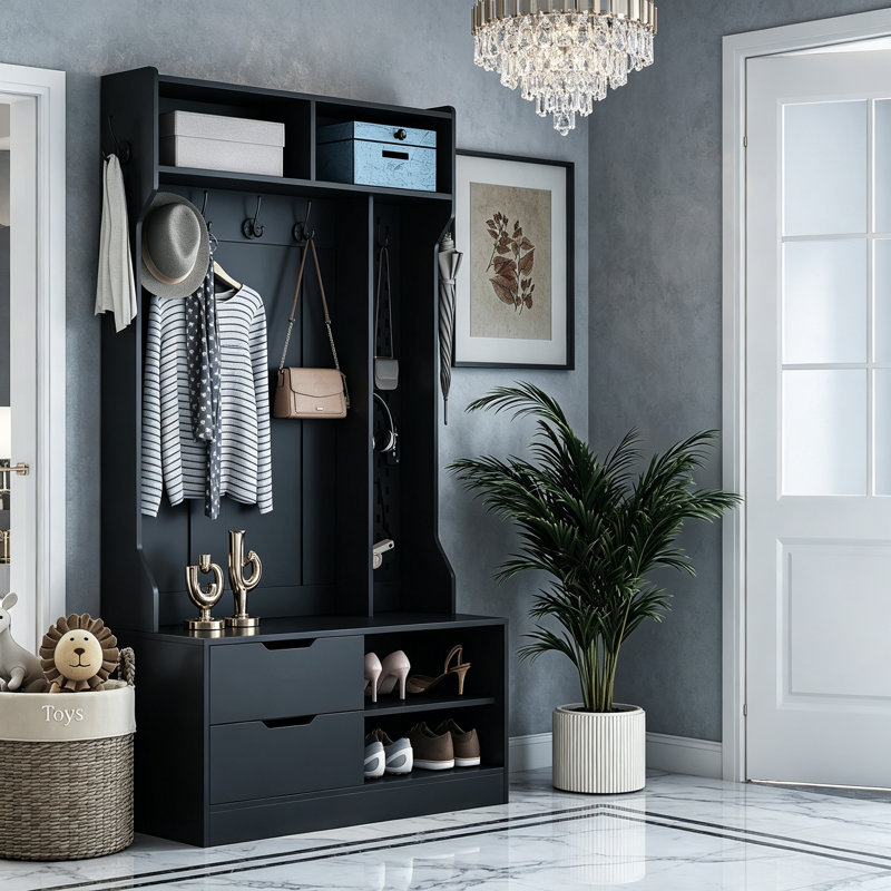 L'armoire de vestibule Black Hall comprend 6 crochets pratiques, un portemanteau et un banc de rangement, ce qui facilite l'organisation du vestibule.