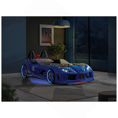 Twin Size Bed Race Car Design Modern Novelty Style Attached Two Magnetic Doors With LED Lights On Wheels Bottom Upholstery HB Blue Finish