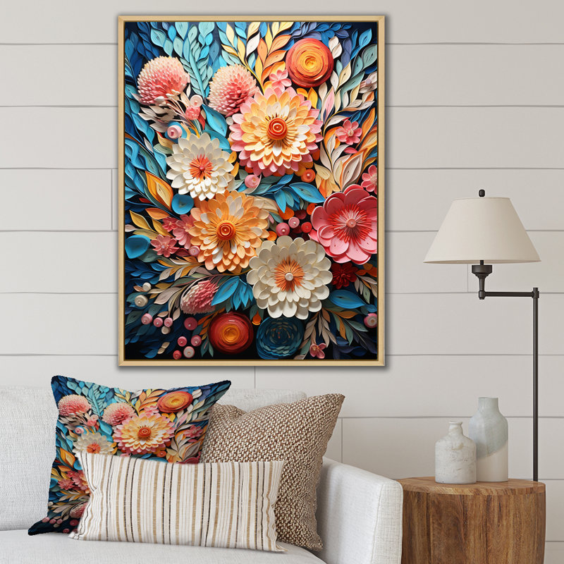 Rose et bleu abstrait botanique sur toile, Cadre photo noir, H 44 po x l 34 po