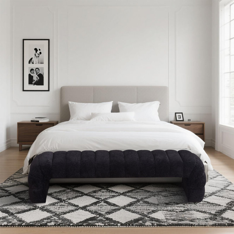 Modern Upholstered Armless Bed Bench, Channel Tufted Couch Daybed Chaise, Ivory Chenille, Black