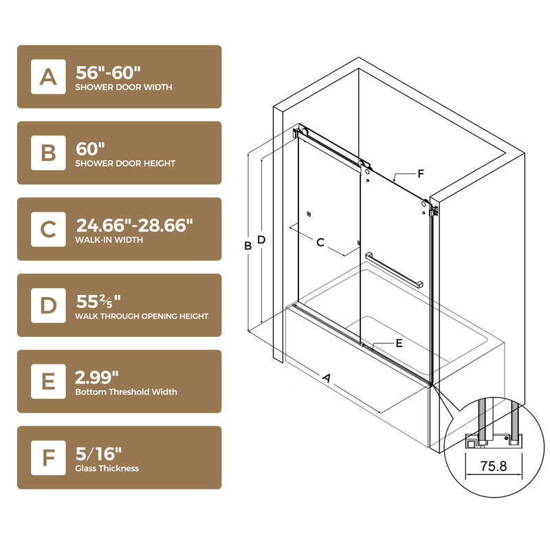 56–60" W x 60" H Frameless Double Sliding Tub Door, 5/16" (8mm) Nano Clear Tempered Glass with Safety Film, Stainless Steel Hardware, Matte Black