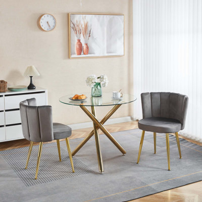 Ensemble de salle à manger 1 + 4,5 pièces, table de salle à manger à pieds en métal Mid-Century pour 4-6 personnes avec plateau en verre, table de salle à manger à piédestal, table basse de loisirs