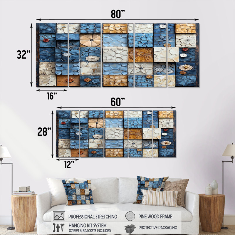 Abstract Blue and White Rhythms Tiles - Ensemble de salon mural abstrait, H 28 po x l 60 po