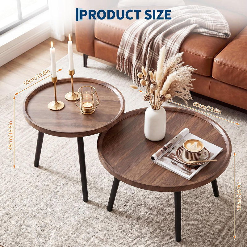 Ensemble de 2 tables basses gigognes modernes pour le salon - Tables d'appoint rondes en bois et métal, Natural wood colour