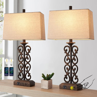 Ensemble de 2 lampes de table Farmhouse Touch pour le salon, à intensité variable à 3 voies avec deux ports USB, lampe de chevet rustique rétro pour table de bout de chambre à coucher, 2 ampoules DEL incluses (bronze)