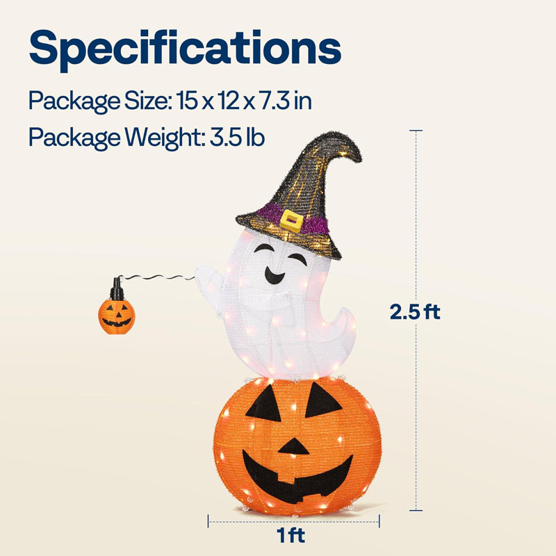 Spectre d'Halloween pliable en métal sur une citrouille avec effet de projection de 2,5 pi de hauteur