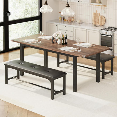 Ensemble de table de salle à manger 5 pièces en bois de noyer, table extensible de 63 po avec 2 bancs et 2 tabourets carrés, style Mid-Century moderne, salle à manger ou cuisine