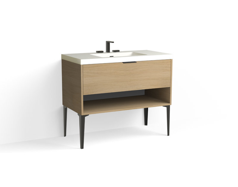 Modo 42" W Freestanding Single Bathroom Vanity with Dean Leg, Matte White/8" Widespread, Biondo, Matte Black