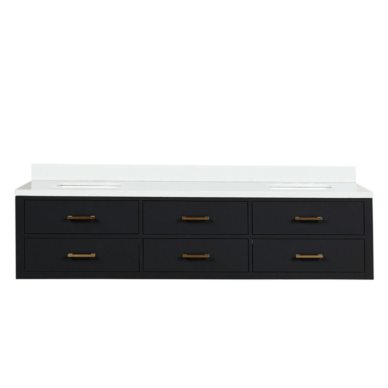 Meuble-lavabo double noir 80 po L 22 po x P - Quartz blanc, structure en bois, fermeture en douceur, entièrement assemblé, 80 po 22 po, avec surface en quartz