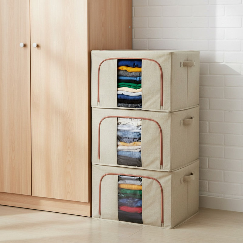 Boîte de rangement pliable en lin 100% coton avec cadre en acier, couvercle et poignées pour fenêtre, Beige