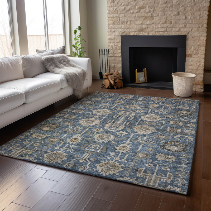 Tapis bleu marine de qualité supérieure lavable à la machine Prisco, Rectangle 10 pi x 14 pi
