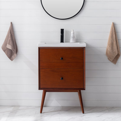 Meuble-lavabo de 24 po en teck avec plateau en porcelaine et tiroirs en queue d'aronde Mahkenzie