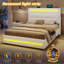Double Bed Frame With Charging Station & Led Lights, Upholstered Platform Bed Frame With Gas End Lift & Under Hydraulic Storage,  No Box Spring Needed, Linen White