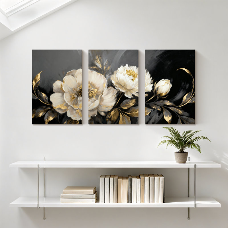 Pivoine fleurs blanches avec feuilles dorées sur fond noir, ensemble de 3 impressions sur toile, H 18 po x l 36 po