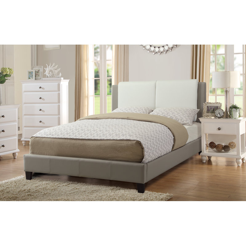 Barina Vegan Leather Platform Bed, Full, White/Gray