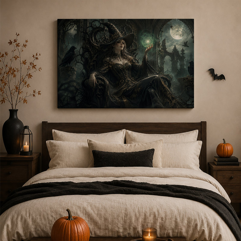 «Dark Fantasy» sorcière tenant un orbe magique vert sur toile d'Halloween, H 28 po x l 40 po