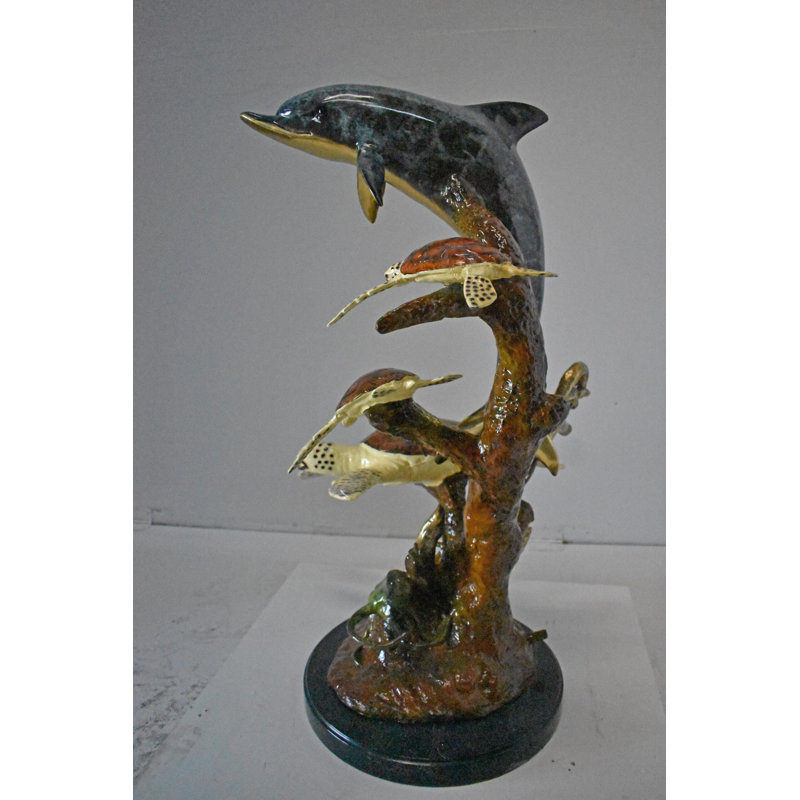 Dolphin With Three Turtles Bronze Statue Fountain - Size: 23"L X 22"W X 35"H.