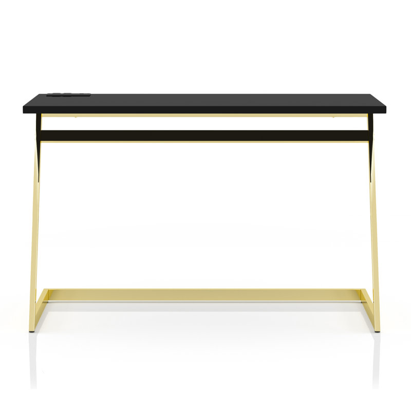 Metal Base Writing Desk with Power Outlet, Black/Gold