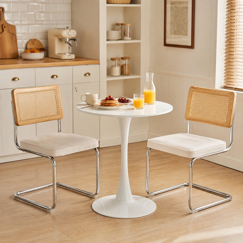 Chaises de salle à manger rembourrées de style Mid-Century avec dossier en rotin de canne et structure en porte-à-faux chromée