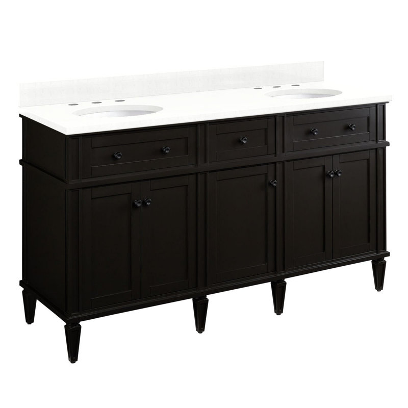 Elmdale 60" Freestanding Mahogany Double Basin Vanity Oval Undermount Sink - 8" Faucet Holes, Feathered White Quartz