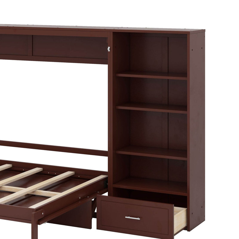 Grand lit escamotable avec compartiments de rangement et tablettes réglables en hauteur, lit escamotable avec tiroir, Noyer