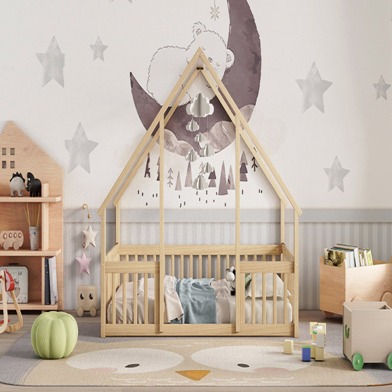 Full Wooden Frame Material House-Shaped Floor Bed Frame With Fence, Guardrails, Full, Brown