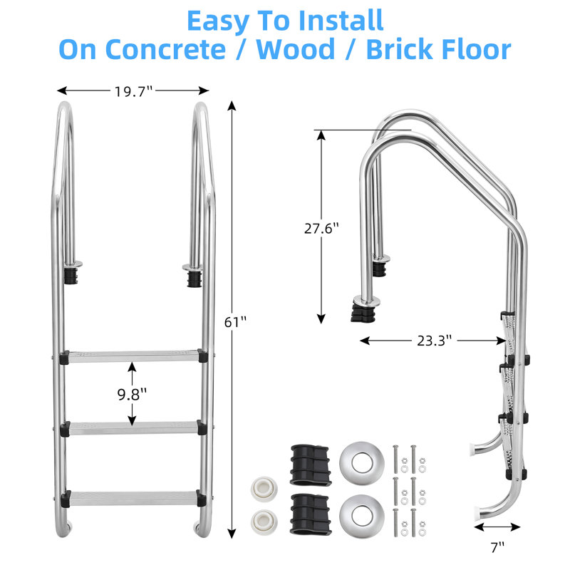 Heavy Duty Stainless Steel Pool Ladder - 3 Non-Slip Steps - Ergonomic Handrails - Rust-Resistant, Easy Assembly, Supports 385 lbs, for Inground & Above Ground Pools, Enhanced Safety (3 Steps)