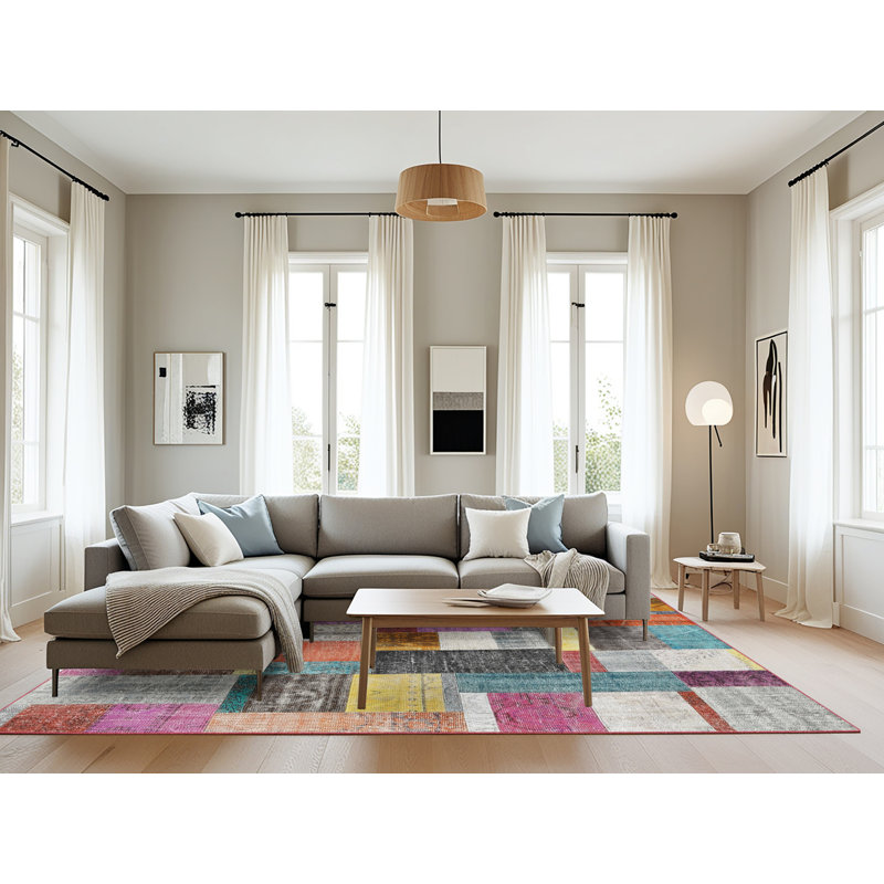 Tapis patchwork bleu / gris / rose, Rectangle 8 pi x 10 pi