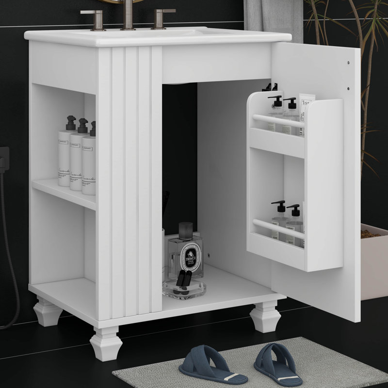 Meuble-lavabo 24 po avec lavabo, meuble-lavabo avec tablettes latérales ouvertes et armoire de rangement, porte à fermeture douce avec rangement à 2 niveaux