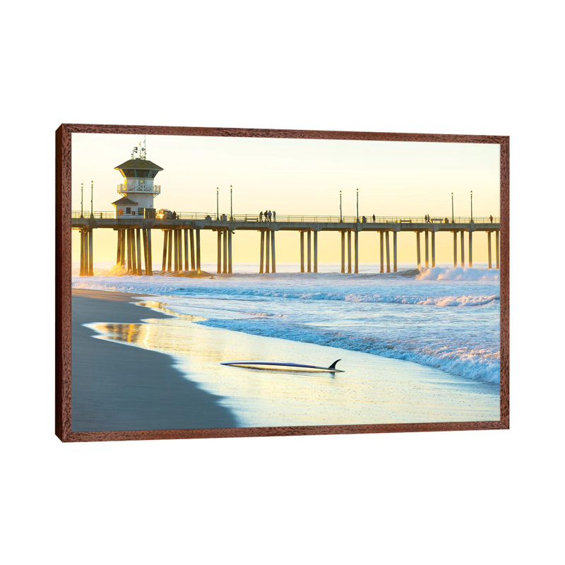 Huntington Beach Pier 1 Piece Wall Art on Canvas, 66.04cm H x 101.6cm W x 3.81cm D, Classic Brown Wood Floater Framed