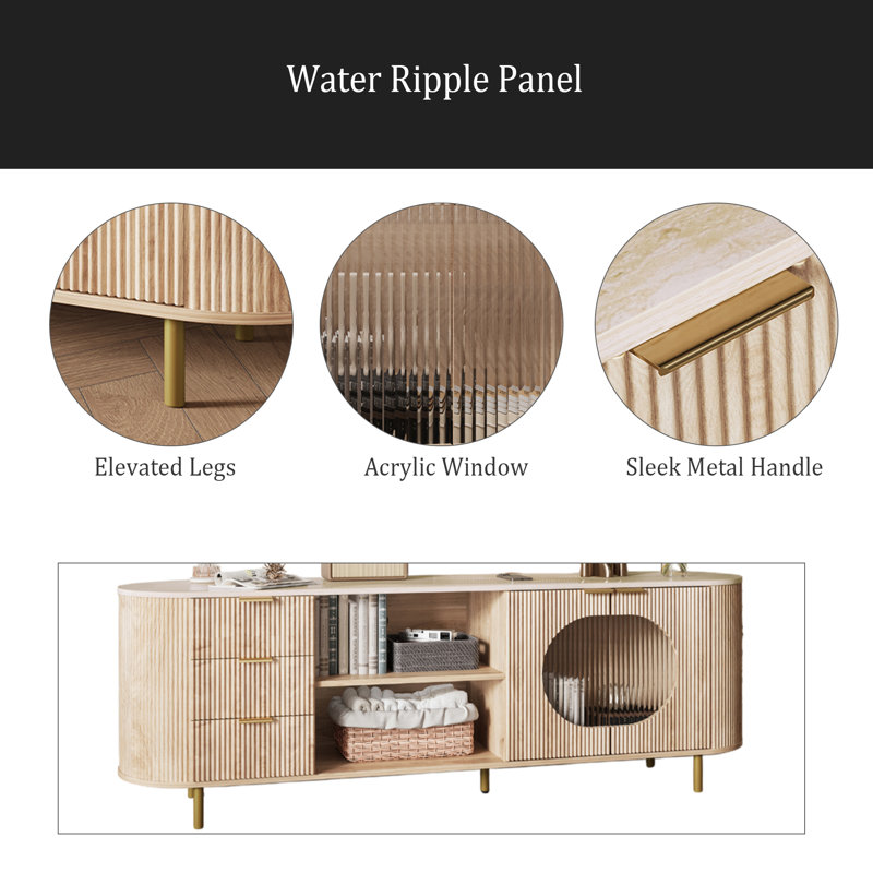 Modern TV Stand, Fluted Media Console With Faux Marble Top, Gold Accents, Natural Oak