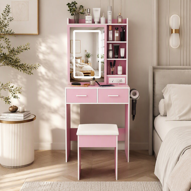 Petit bureau de coiffeuse avec miroir et lumières DEL réglables, prise de courant intégrée et rangement dissimulé, comprend tabouret et tablette rembourrés, coiffeuse pour petites chambres