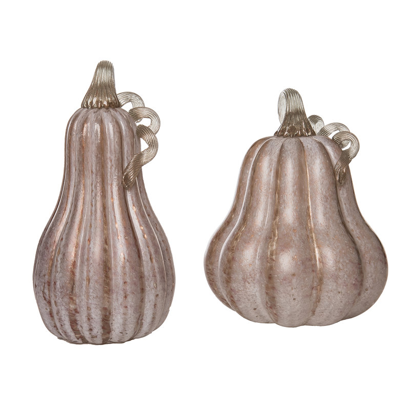  Glass 11 in. Pink Harvest Pumpkins with Crackle Detail Set of 2