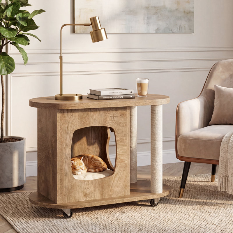 End Table, Sofa Side Table with Scratching Posts and Cat Bed