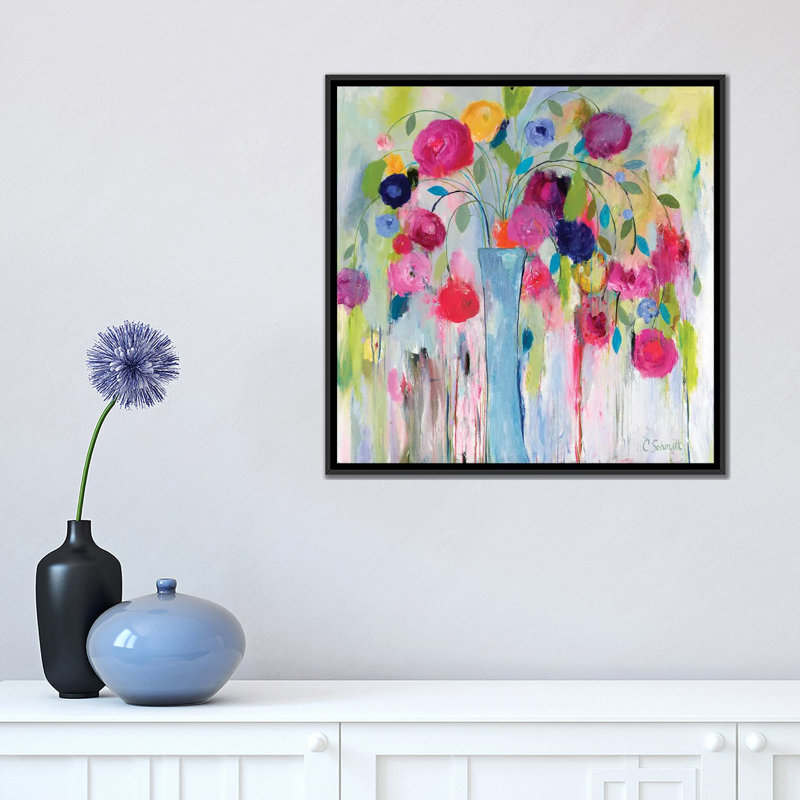 « joie de vivre », impression sur toile, H 18 po x l 18 po x P 1,5 po, Toile avec cadre noir, Pas de tapis