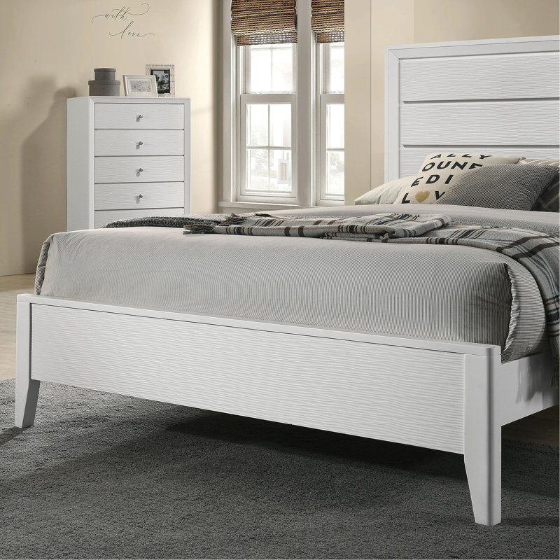 Lit blanc California King Size, 2 tables de chevet, panneau texturé ondulé, ensemble de 3 pièces pour chambre à coucher HB, style contemporain