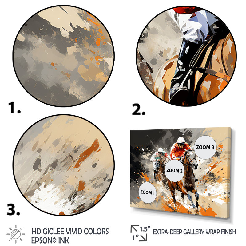 Brown Horse Racing Frenzy - Art mural de course de chevaux, Cadre d'angle fermé noir, H 30 po x l 40 po x P 1,5 po