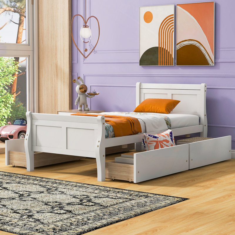 Lit moderne, lit plateforme en bois avec 4 tiroirs et tête et pied de lit profilés, Lit simple