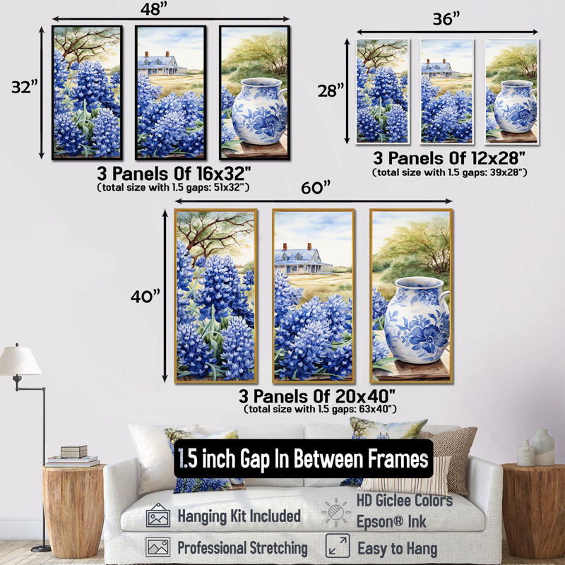 «Blue Bonnets Farmhouse Still Life - Blue Bonnets», ensemble d'art mural, Cadre flottant doré, H 28 po x l 36 po x P 1 po