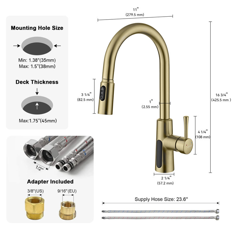Lefton Pull-down Kitchen Faucet With Temperature Display In Fahrenheit, 3 Water Outlet Modes, Faucet For Kitchen Sink, Brushed Nickel, Kf2501-0
