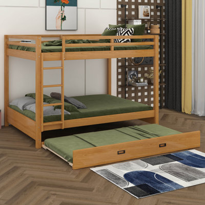 Wood Bunk Bed With Ladder And Trundle, Rustic Solid Wood Bunk Bed For Kids Teens Adults by Harriet Bee