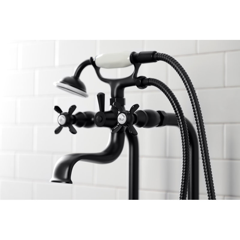 Kingston Brass Essex Three-Handle 2-Hole Freestanding Clawfoot Tub Faucet Package with Supply Line and Stop Valve