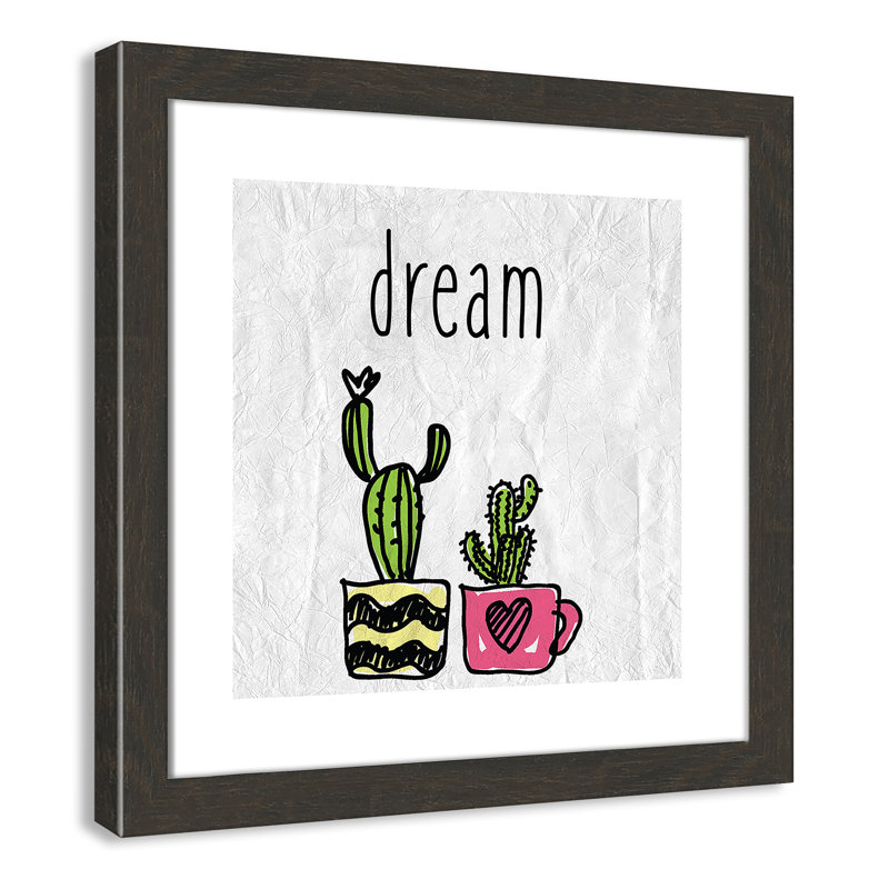 «Cacti A», art encadré, H 16 po x l 16 po x P 0,6 po, Cadre plat à grain de bois noir