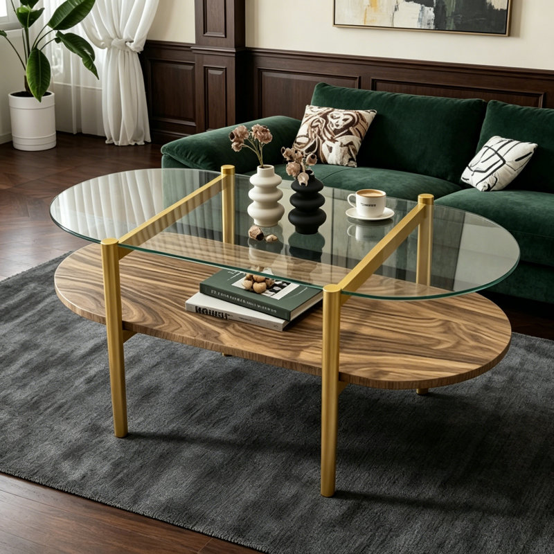 Table basse ovale en verre, H 17,24 po x L 40,83 po x l 18,31 po, Noyer