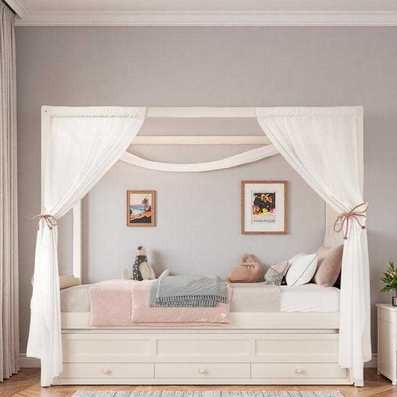 Lit plateforme à baldaquin avec tête de lit en forme de couronne, lit gigogne et 3 tiroirs, Simple, Beige