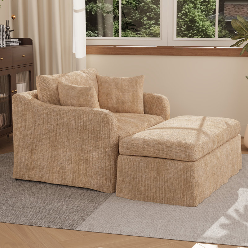 Accent Chair Set,Chenille Accent Armchair And Ottoman, Wheat